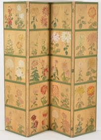 Folding screen. China. 19th century. Painting of lotus plants. Signed. Reverse with Japanese