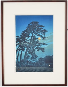 Kawase Hasui. "Moon at Mogome". Japanese color woodblock print. Strong color. Framed under