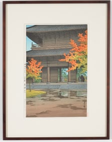 Kawase Hasui. "Nanzenji Temple". Japanese color woodblock print. Strong colors. Framed under