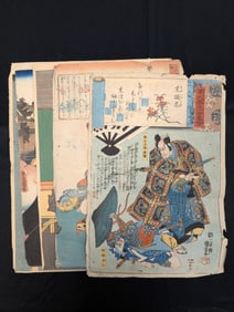Lot of 9 Japanese woodblock prints. 19th century. Each about 14.5 x 9.5in. Wear and losses.