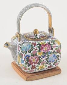 Ando cloisonne teapot. Japan. Early 20th century. Mark on base. Fitted wood stand.