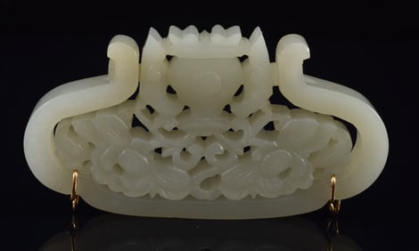Jade buckle. China. 18th century. 2 part type. White stone. Gold mounts. 3.25in.