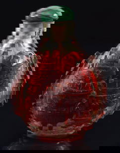 Peking glass snuff bottle. China. Ca. 1850. Cameo cut red to clear. Carving of the Nine Cauldrons of: Peking glass snuff bottle. China. Ca. 1850. Cameo cut red to clear. Carving of the Nine Cauldrons of Chou" 2.5in. Malachite stopper.