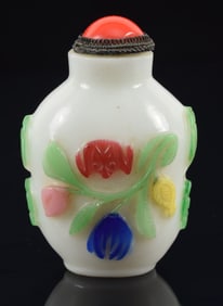 Cameo glass snuff bottle. China. Ca. 1900. 5 color overlay carved with flowers. 2.25in.
