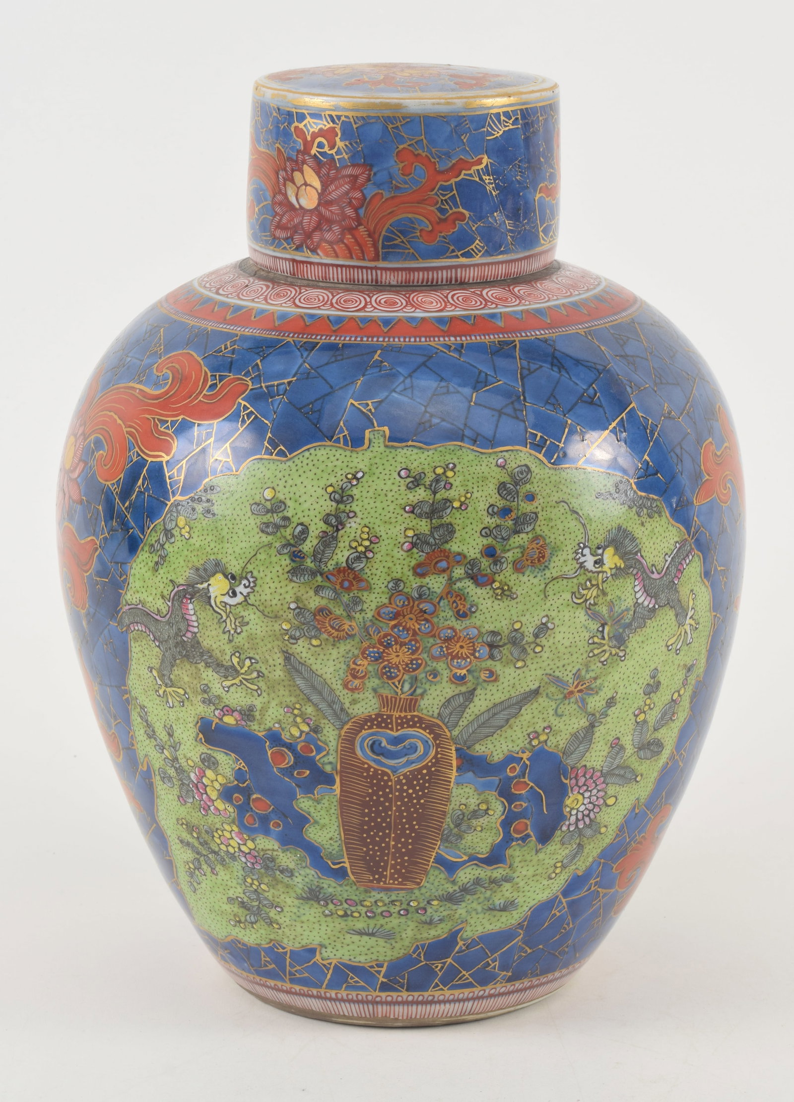 Porcelain covered jar. China. 18th century. Underglaze blue jar and cover with European "clobbered" (1 of 9)
