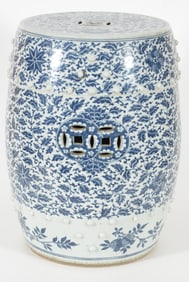 Porcelain garden seat. China. 19th century. Stylized floral scroll decoration. Drum form. 19in high.