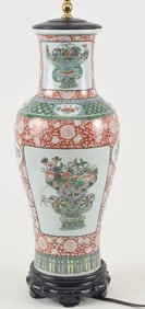 Antique Chinese famille verte baluster vase mounted as a lamp with antiquities and floral basket