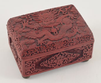 Carved cinnabar box. China. Early 20th century. Dragon cover. 4.75 x 3.25 x 2.5in.