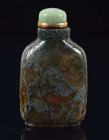 Moss agate snuff bottle. Well hollowed. China. Ca. 1850. 2.25in. Jade stopper.