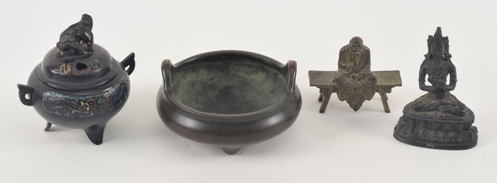 Lot of 4 bronze works. To include: a 19th/20th century Japanese censer and 3 Chinese pieces: a