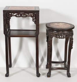 2 Chinese carved hardwood stands. Pink marble inset tops. Largest: 32in H.