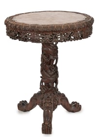 19th century Chinese carved and pierced hardwood table. Round pink marble inset top. Column with