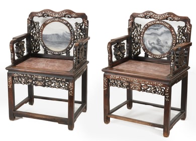 Pair of Chinese marble and mother of pearl inlaid hardwood armchairs. Backs inset with round