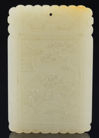 Jade pendant. China. 19th century. White stone with a yellow marking. Rectangular form, surface