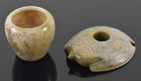 2 archaic jades. A bird shaped pi disc and a small vase. 3.25 and 2in.