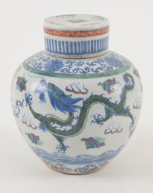 Porcelain covered jar. China. 19th century or earlier. Yung Cheng mark. Tou tsai ware. Decoration of