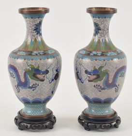 Pair of cloisonne vases. China. Early 20th century. Decoration of dragons and pearls. 9.25in.