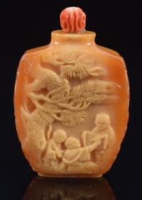 Hornbill snuff bottle. China. Ca. 1850. Finely carved with children, birds and flowers. 1.75in.