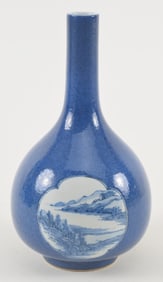 Porcelain bottle vase. China. 19th century. Powder blue ground with landscape scenes. 9.5in.