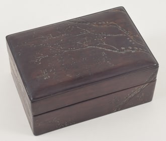 Hung mu box. China. 19th century. Surface engraved allover with a flowering prunus and a poem. 6.25