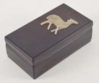 Hung mu box. China. 19th century. Jade deer inlaid into the top. 8.75 x 4.75 x 3in.