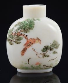 Enameled glass snuff bottle. China. Ca. 1900. Ku Yueh Hsuan mark on the base. Decoration of birds