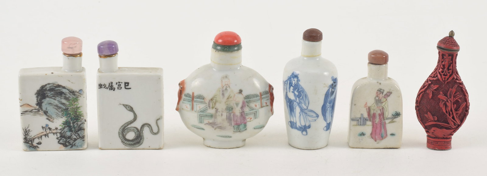 Lot of 6 snuff bottles. China. 5 porcelain, 1 cinnabar like bottle. Each about 2in. Loss. (1 of 7)