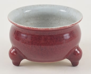 Porcelain censer. China. 19th century. Tripod base. Oxblood lang yao glaze of deep red. 5.5 x