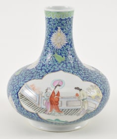 Porcelain vase. China. 19th century. Bottle form. Famille rose decorated panels of the immortals.