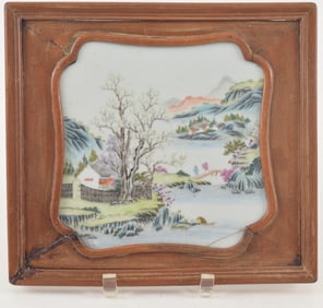 Porcelain plaque. China. 19th/19th century. Famille rose decorated landscape. Framed. Overall: 9.5 x