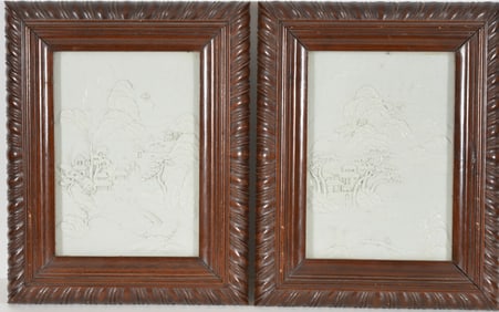 Pair of porcelain plaques. China. Republic period, ca. 1930. White porcelain sculpted with