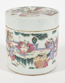 Porcelain cylindrical covered jar. China. 19th century. Famille rose historical scene. 8 x 8.5in.