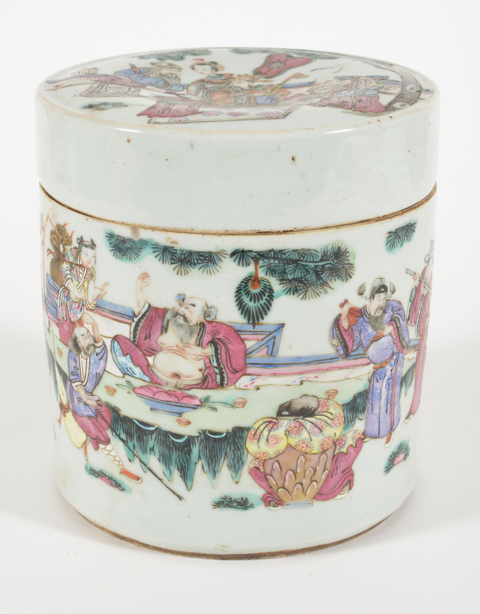 Porcelain cylindrical covered jar. China. 19th century. Famille rose historical scene. 8 x 8.5in. (1 of 8)
