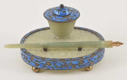19th/20th century Chinese enamel and stone, possibly jade, inkwell with pen. Stone carved and