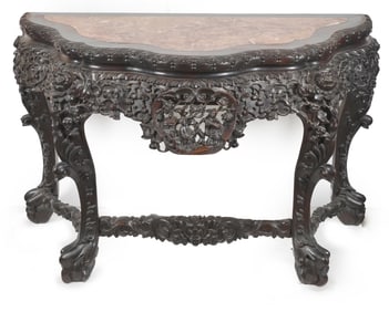 Demi lune table. China. 19th century. Rosewood carved and pierced with floral decoration. Marble