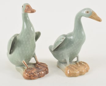 Pair of porcelain ducks. China. Early 20th century. Celadon glazed. 5.5in.