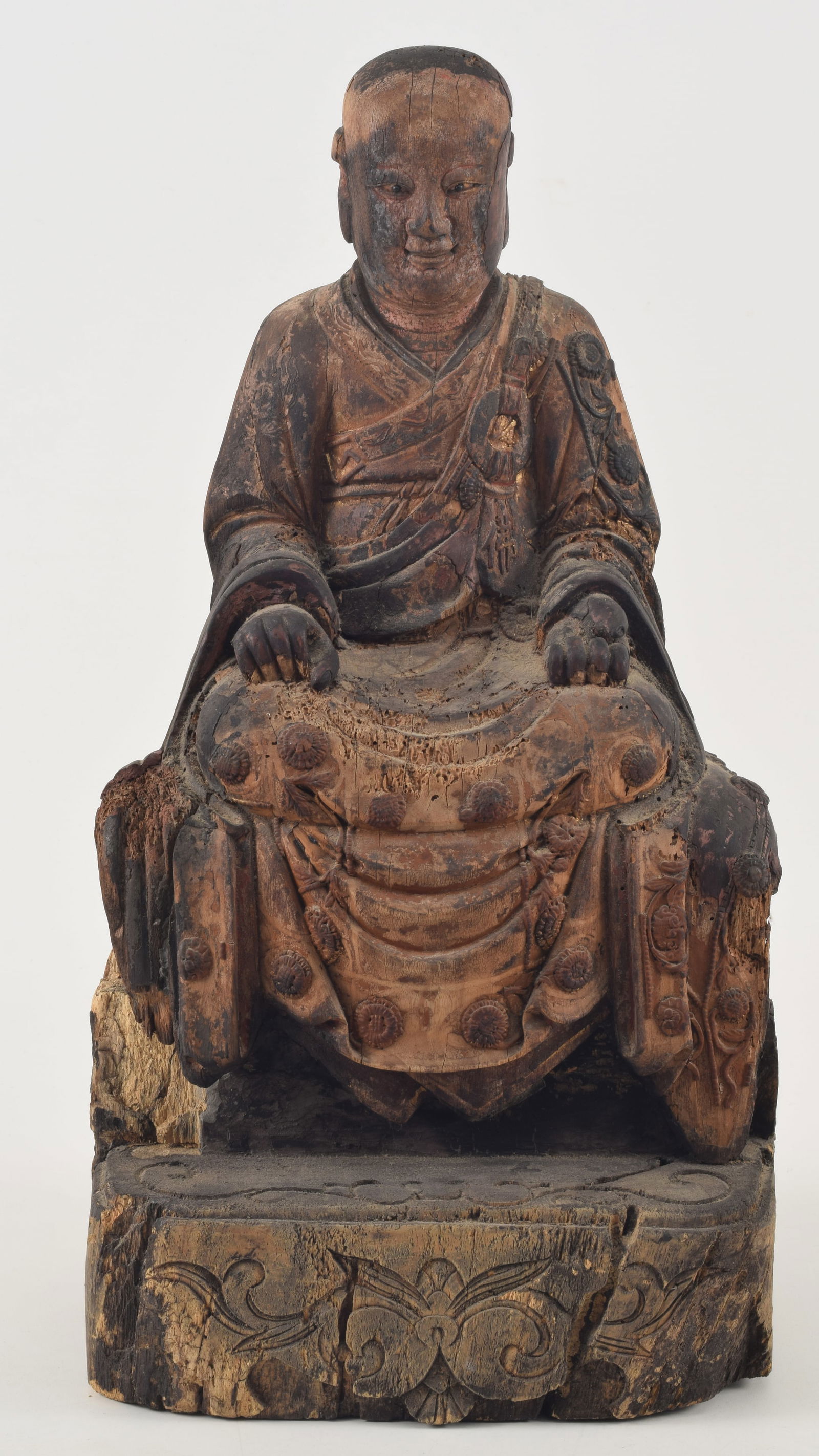 Carved wooden image of a high buddhist abbot. China. Ming period figure on a later replaced throne.: Carved wooden image of a high buddhist abbot. China. Ming period figure on a later replaced throne. 21.5in.