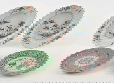 4 Chinese export porcelain dishes. 19th century. One with rooster decoration. two with landscape and