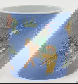 Brush pot. China. 19th century. Relief decoration of an historical scene in san tsai palette on a