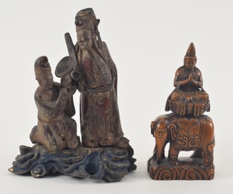 2 wood carvings. To include: a 19th century carved hardwood figure of Samantabhadra from Japan; and
