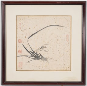 Orchid painting. China. 19th century. Ink on gold flecked paper. 5 seals. 13 x 13in. Framed and