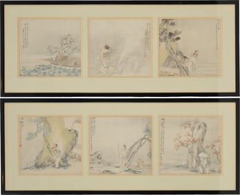 6 album leaves. China. 18th/19th century. Ink and colors on silk. Scenes of scholars and the