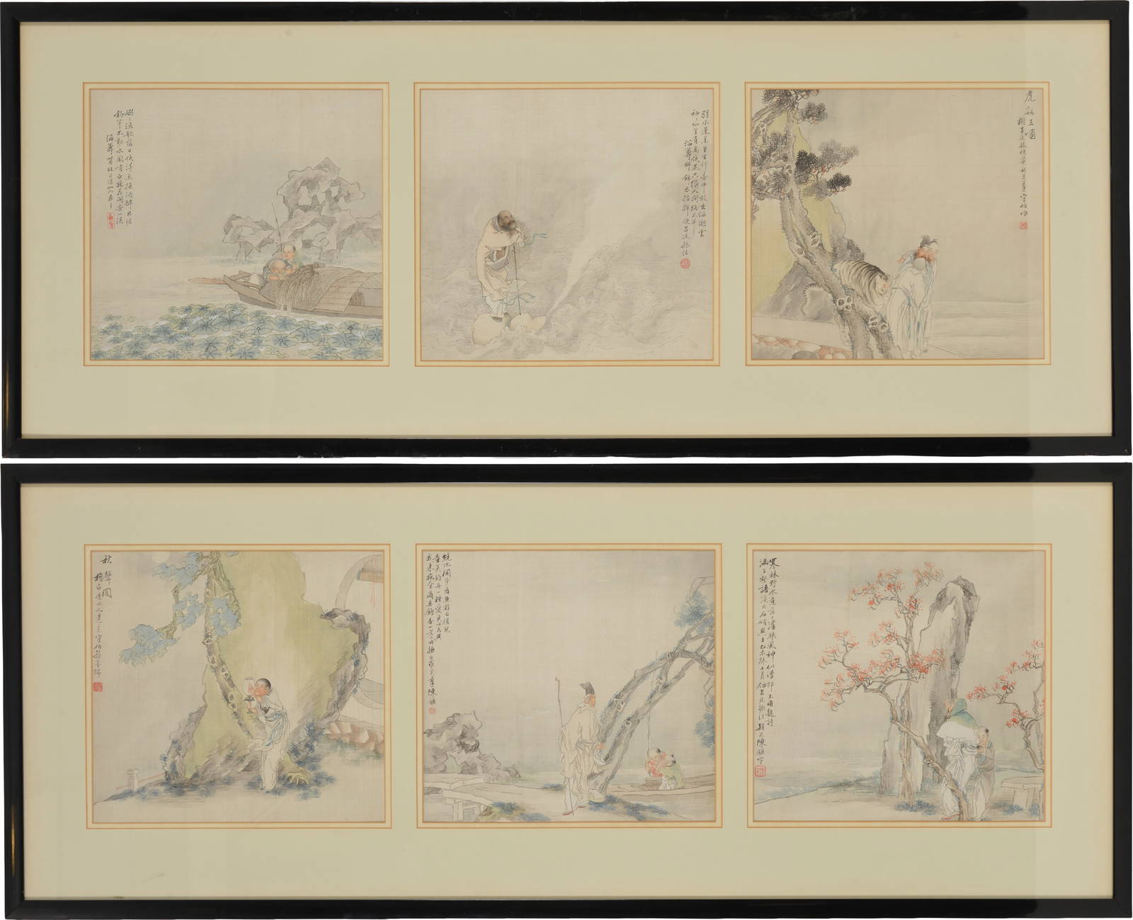 6 album leaves. China. 18th/19th century. Ink and colors on silk. Scenes of scholars and the
