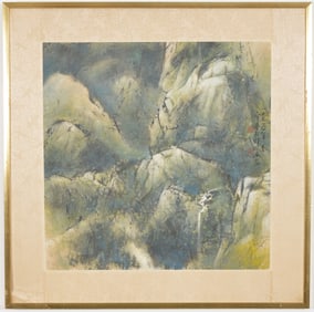 Mid century Chinese abstract painting. Mountainous landscape scene. Ink and colors on paper. Artist
