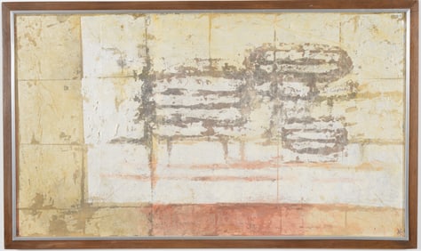 Mid century Chinese abstract painting. Mixed media on board. Character lower right. Framed. Overall: