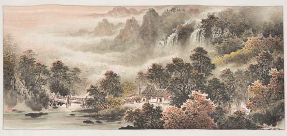 Chinese mid century landscape painting. Ink and colors on paper.
