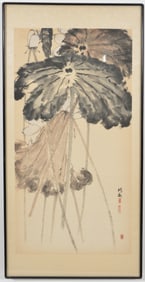 Scroll painting. China. 19th century. Ink and slight color. Lotus plants. Signed and with 3 seals.
