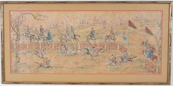 Chinese painting of riders playing polo. 19th/early 20th century. Ink and colors on paper. Framed