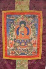 Buddhist icon. Tibet. 19th century. Mineral pigments on heavy cloth. Thangka of Amida with lineage