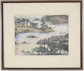 Chinese watercolor painting. Figures in boats in a landscape. Seal and inscription lower left.